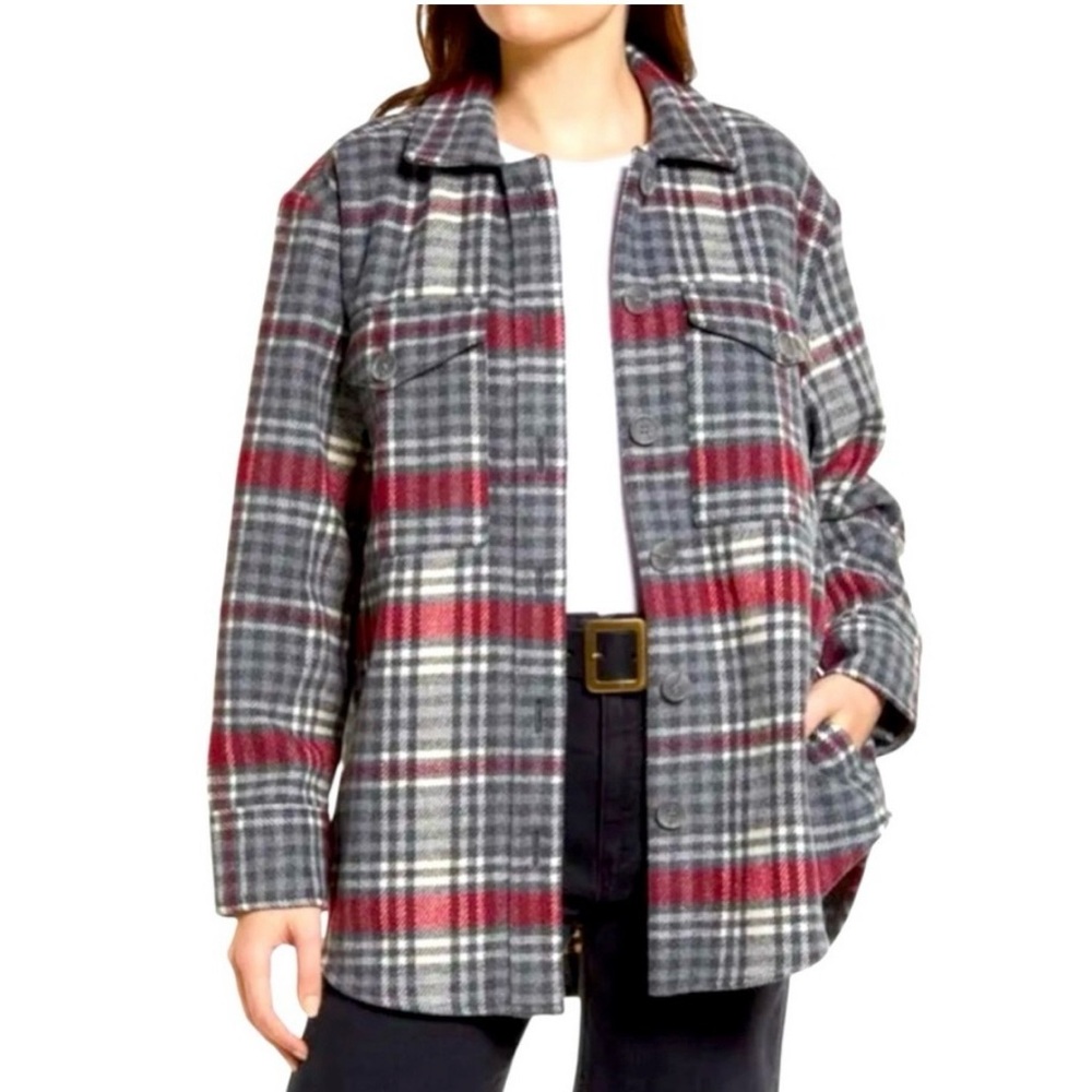 Treasure & Bond Red and Gray Plaid Button Down Shirt Jacket Size S